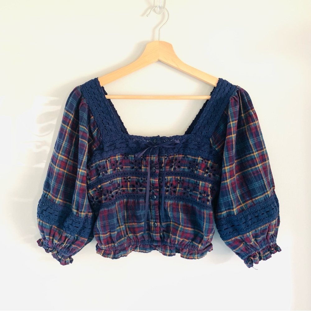 American Eagle Puff Sleeve Milk Maid Crop Top Blue Plaid Size XS Square Neckline - Picture 7 of 13